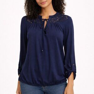 Self Esteem Blue Blouse Lace Long Sleeves Tie Neck Gathers at Waist Cottagecore